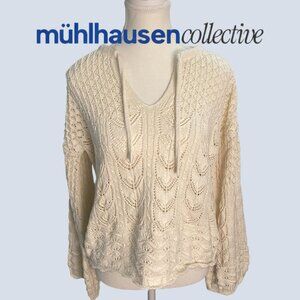 Lands’ End Cream Knit Hoodie Sweater Small Boho Crochet Lightweight Cozy